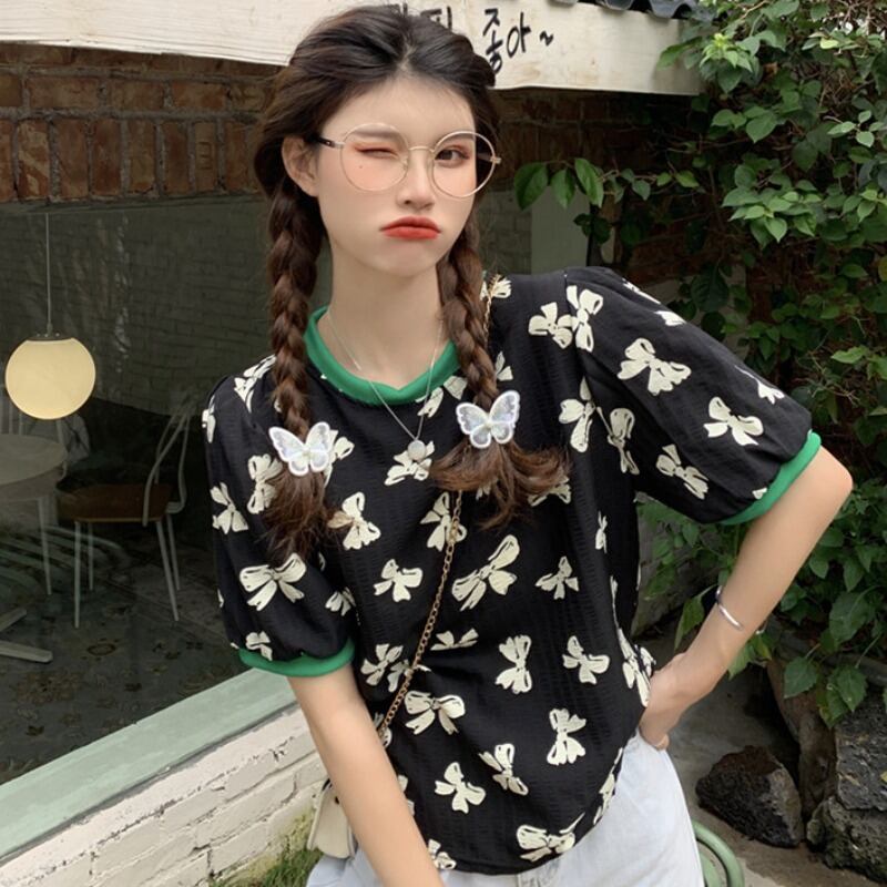 サマースタンダードリボンプリント柄スリーブラウンドネックブラウス レトロ 夏物 Oネック ハンチェンe18655994710