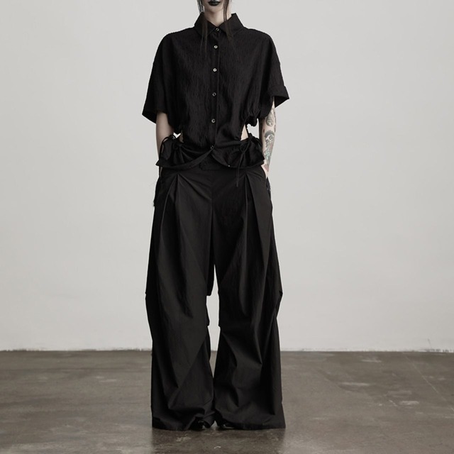 Drape tassel high-waisted wide-leg pants C1090