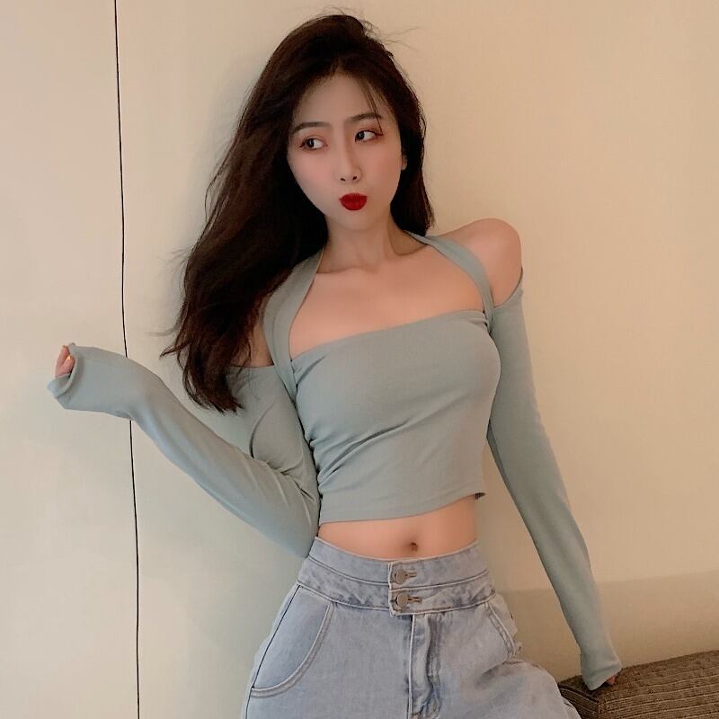 オータムスタイルショートストラップレスTシャツ シャツ トップス レディース ロング 秋物 ハンチェンe13026879020