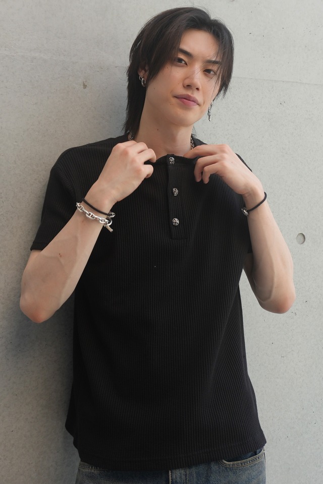 【ALUDE】henry neck waffle half t-shirt