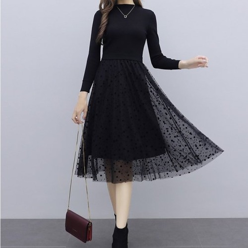ワンピース 長袖 ロングワンピース チュール レディース チュールスカートオーガンジー ドット 大人 大きいサイズ 韓国 黒 結婚式 二次会 シアー ひざ丈 ミモレ丈 ニット リブニット フレア