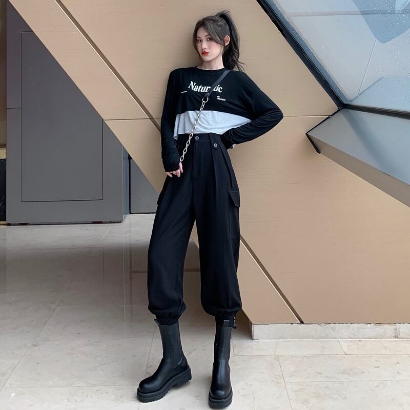 オータムスタイルスタンダード薄手ハイウェストウェストカジュアルオーバーオール パンツ ブーツ レトロ 靴 シューズ 秋物 ドラファッションホール55817913900