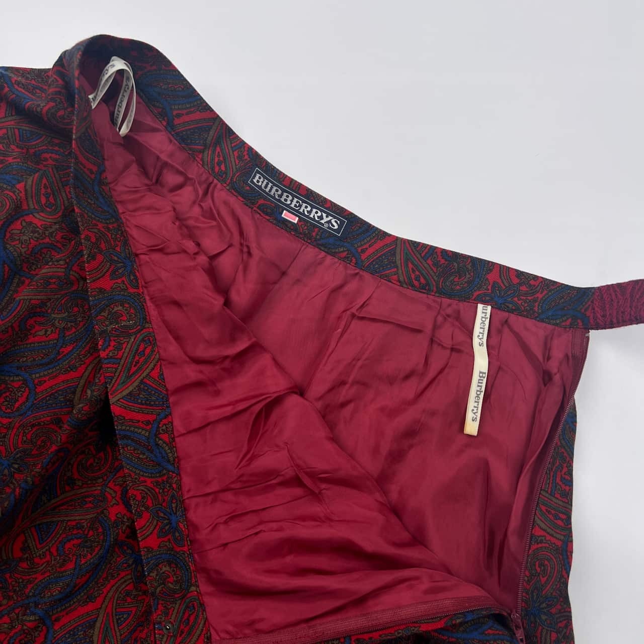 上下 シルク混 90s Burberrys バーバリー ペイズリー スカーフ付き 長袖シャツ スカート セットアップ (上)9R(下)11AR/レッド×ブルー系 レディース ビンテージ