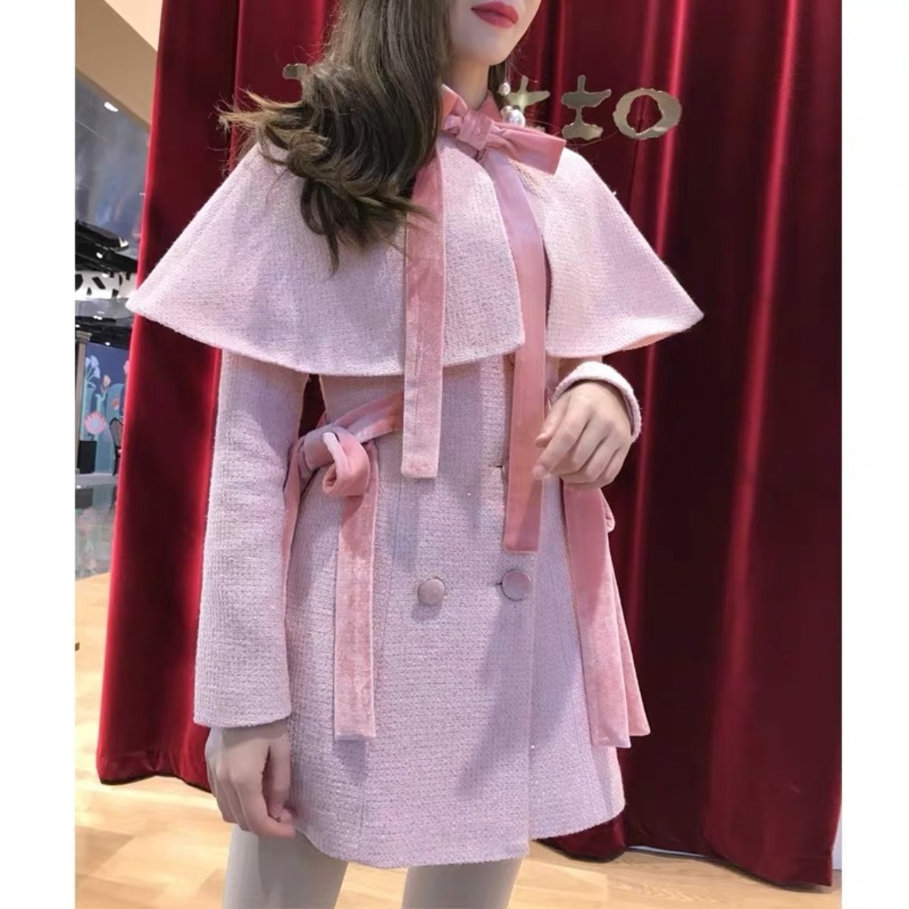 販売開始】リボン ツイードジャケット コート ポンチョ ピンク 可愛い 