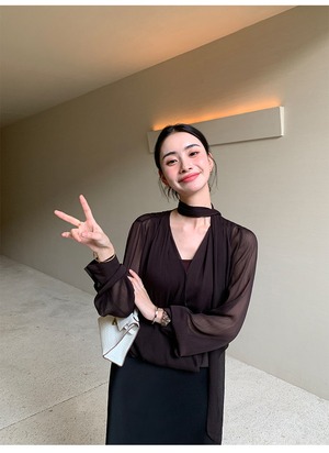 V-neck chiffon shirt camisole withTied Ribbon Set up【H00078】