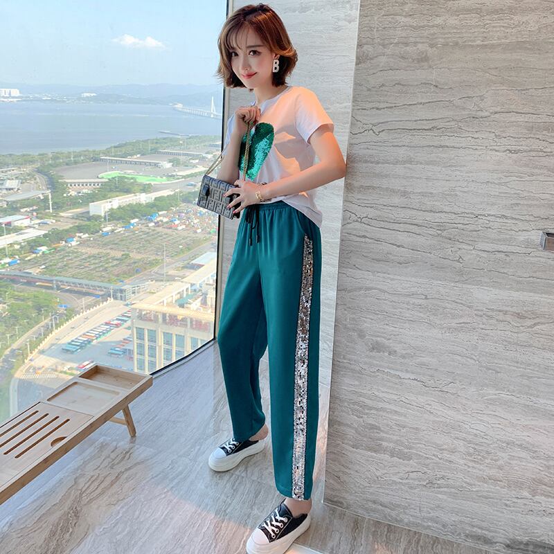 ラウンドネックTシャツ ウェストルーズパンツ セット レディース Oネック MIUCO52655076137