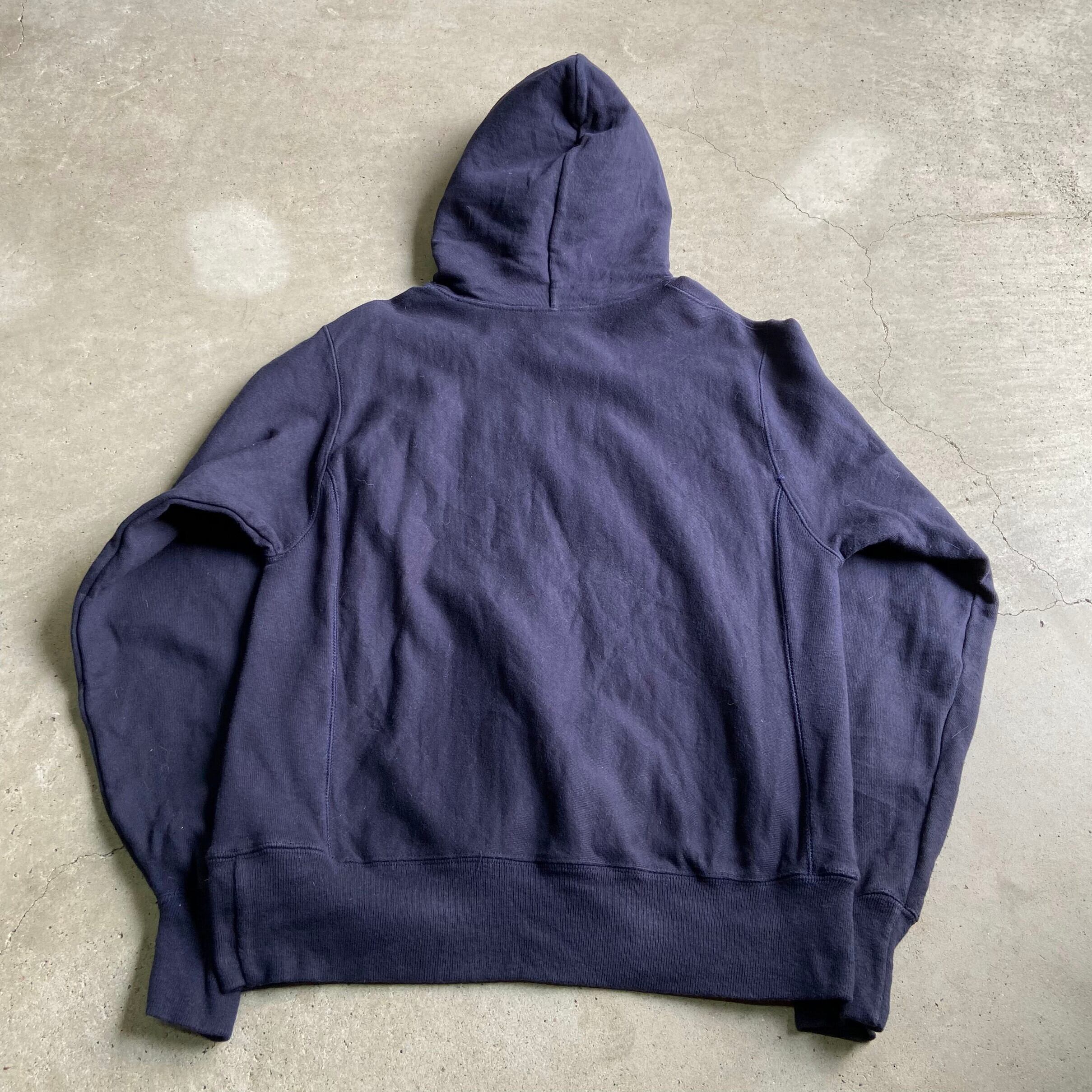 Champion チャンピオン 青タグ 復刻 ワンポイント 企業 ロゴ刺繍 リバースウィーブ プルオーバーパーカー メンズl 古着 Reverse Weave スウェットパーカー トレーナーネイビー 紺色 パーカー Cave 古着屋 公式 古着通販サイト