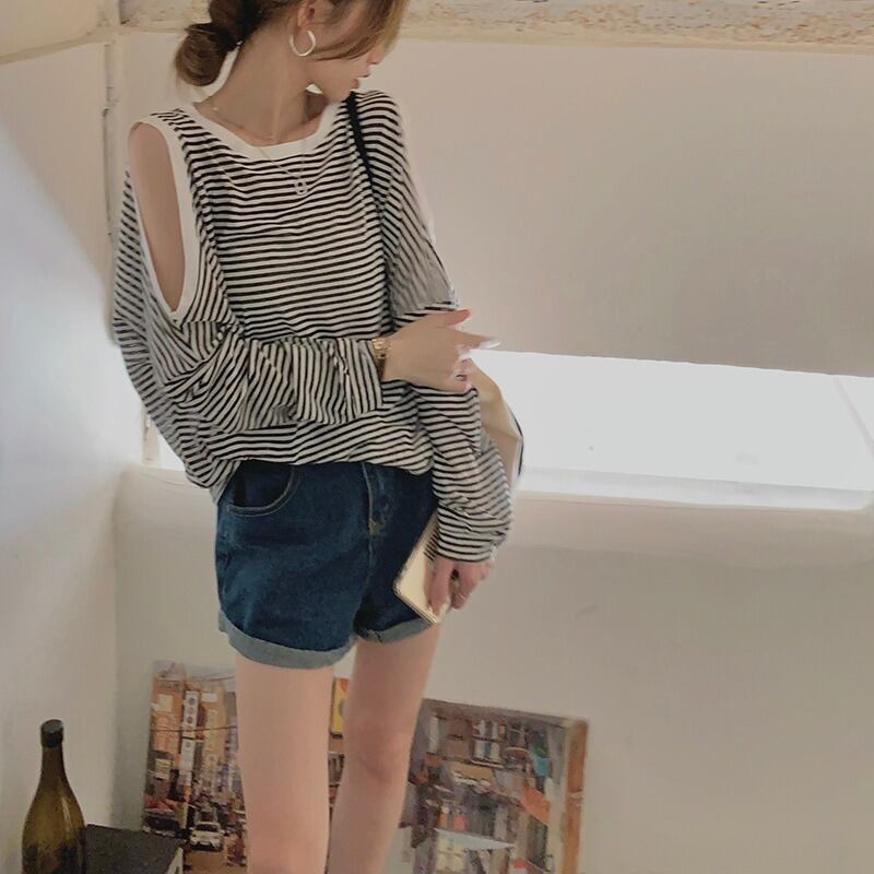 スタイルルーズストラップレスTシャツ サマーブラックホワイトストライプトップス ロング 夏物 モンロー70532067792