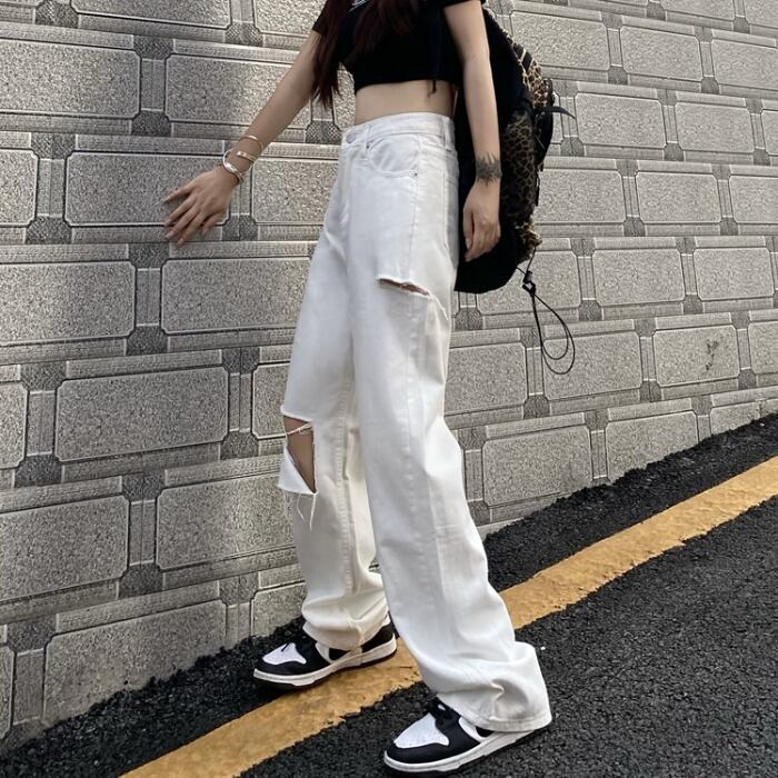スタイルルーズジーンズ サマーホワイトパンツ 薄手ハイウェストウェストカジュアル かわいい 夏物 ケッペル6261210786
