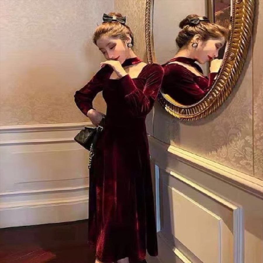 バーガンディ ベルベット ドレス 長袖 送料無料】 ロングドレス ドレス dress 衣装 ワンピース パーティー