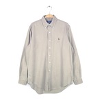 90s ラルフローレン ボタンダウンシャツ 長袖シャツ コットンツィール アースカラー ワンポイントポニー ベージュグレー RALPH LAUREN メンズM 古着 @CA1473