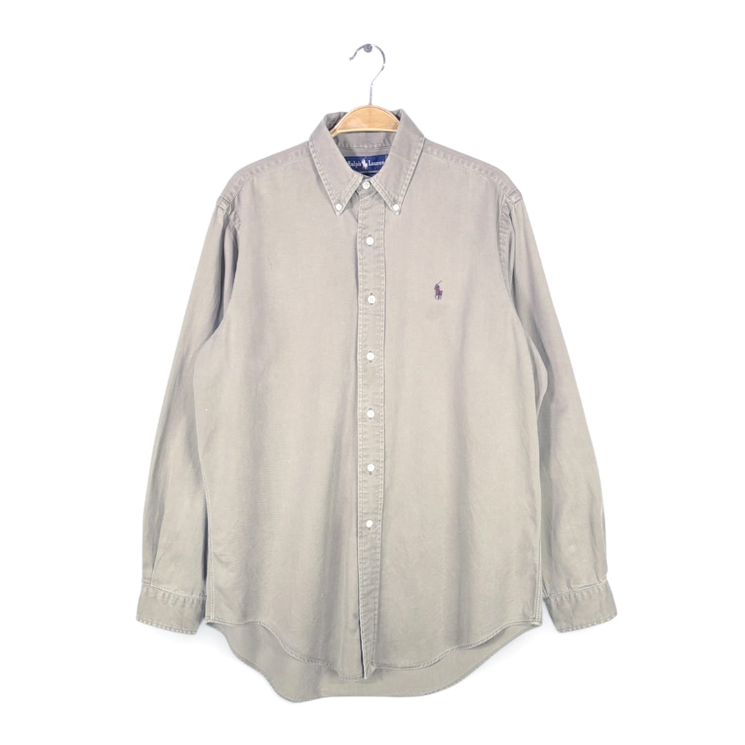 90s ラルフローレン ボタンダウンシャツ 長袖シャツ コットンツィール アースカラー ワンポイントポニー ベージュグレー RALPH LAUREN メンズM 古着 @CA1473