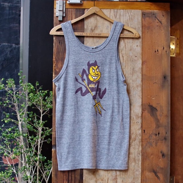 1980s UNKNOWN ASU Grey Heather Tank-top デビルプリント カレッジ タンクトップ 古着屋 仙台  biscco【古着  Vintage 通販】