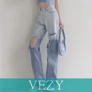 ダメージ デニムパンツ ハイウエスト韓国 レトロ ストレートデニム ジーパン グラデーション ジーンズ  カットオフ ロングパンツ おしゃれ  春秋夏 ボトムス パンツ スカート ベジー VEZY ItemNo.【19827337 】