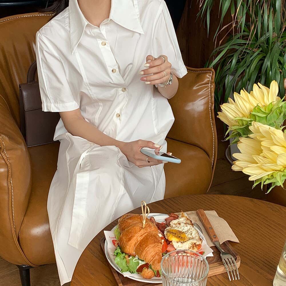 ソリッド カラーボタンドレス サマー薄手シャツ スカート 夏物 ソリッドカラー ビッグFスモールZ韓国15288115754