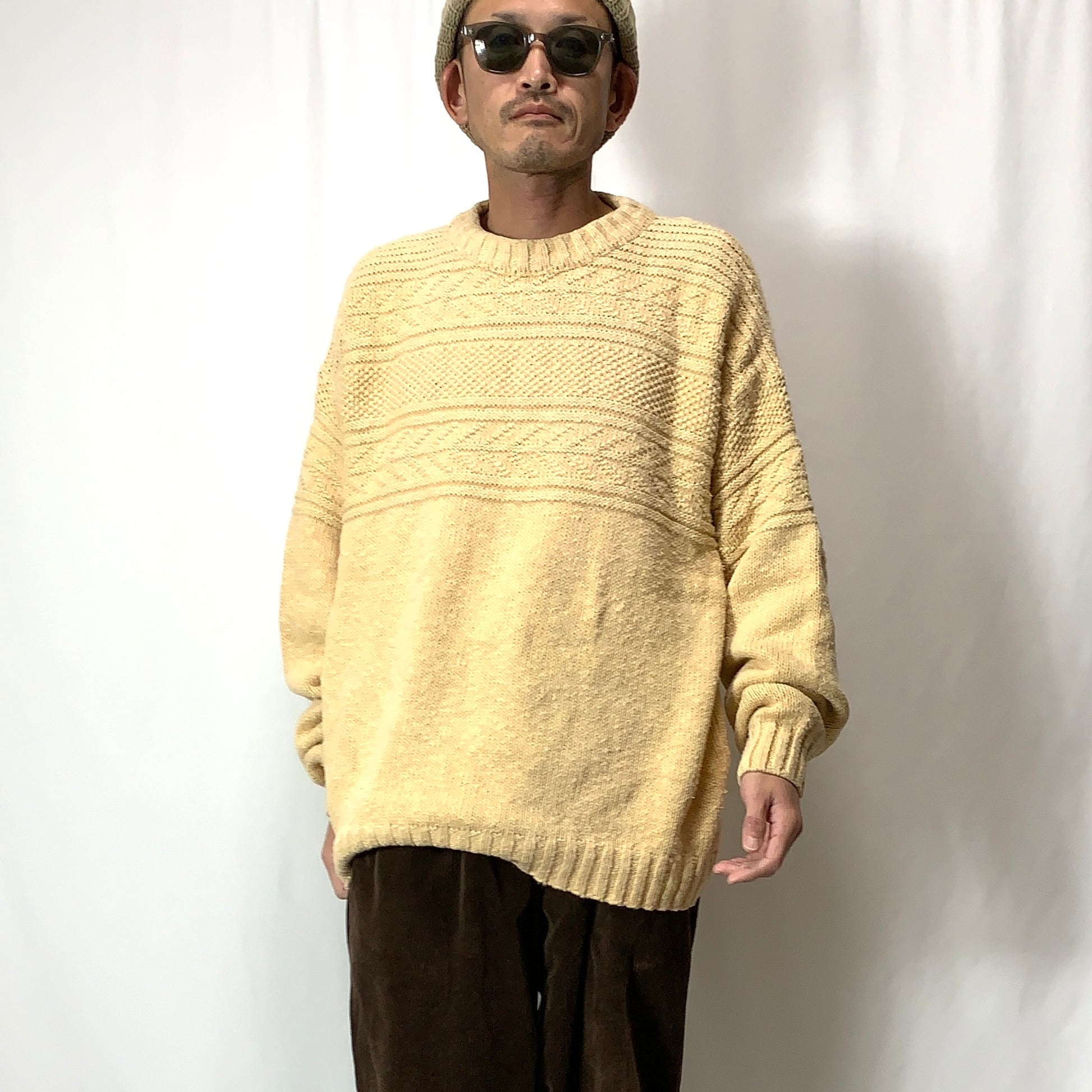 vintage old 80s 90s L.L.Bean aran pattern cotton knit cotton sweater MADE  IN USA アランパターン コットンニット コットンセーター size XL アメリカ製 ベージュ メンズ レディース ビンテージ ヴィンテージ
