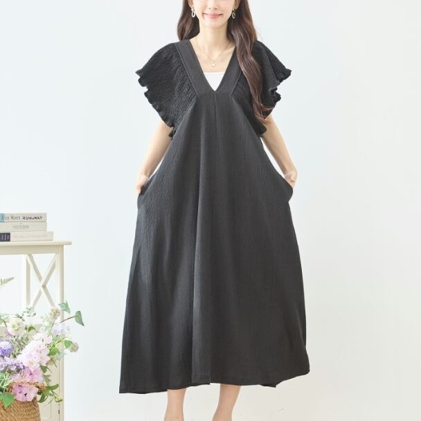 ワンピース フリル シャーリングスリーブ Vネック ロング N83-346 TRUBE ブラック ミセス M L fmsd ゆったり 体型カバー 大人カジュアル きれいめ 上品 ミセス 春夏