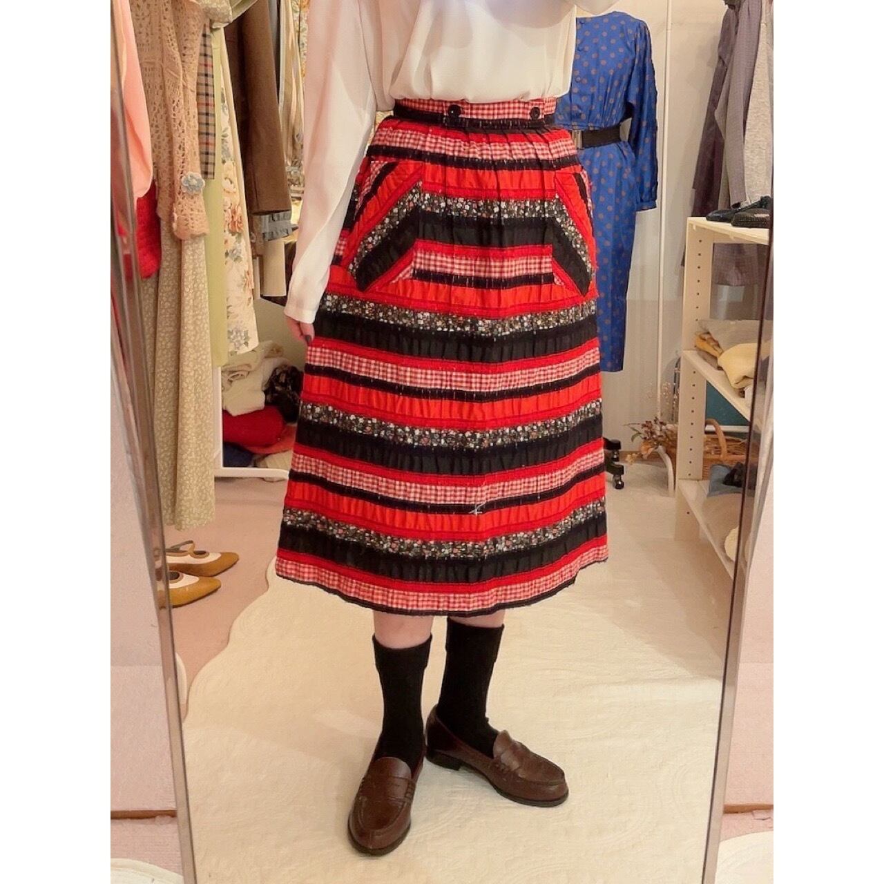 red gingham check black flower skirt