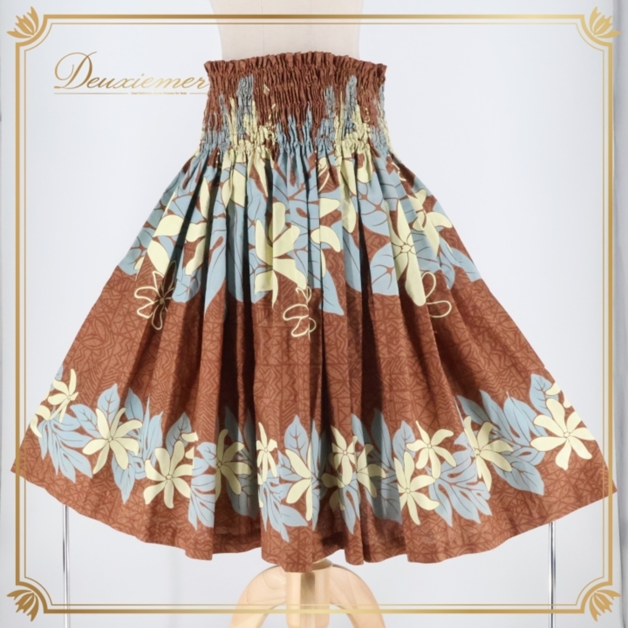 フラダンス 衣装 パウスカート ブラウン系 シングル シンプル ティアレ柄 かわいい 華やか 鮮やか 茶 白 水色 ハワイアン アロハ ハワイアンプリント フラ ダンス レッスン 練習 フラダンス用 レディース 踊り 発表会 カジュアル