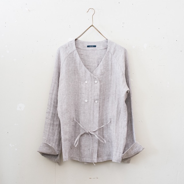 double-breasted blouse／herringbone linen 〈white×greige〉