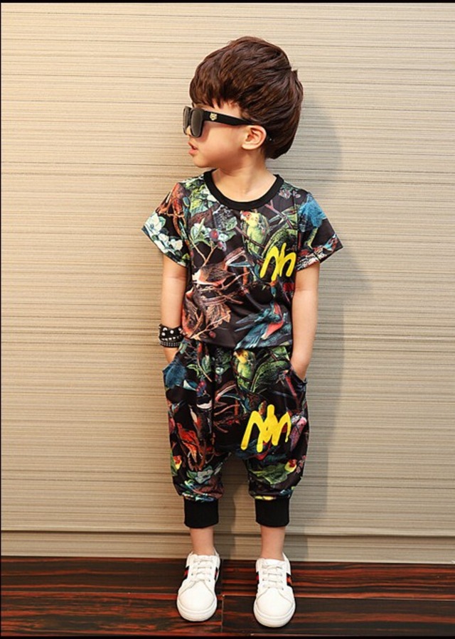 セットアップ 半袖 半ズボン 柄 韓国 おしゃれ デザイン 男女兼用 子供服 男の子 Tシャツ サエサル風 ブラック 派手 130 140 150 160 A0 Jump Shop