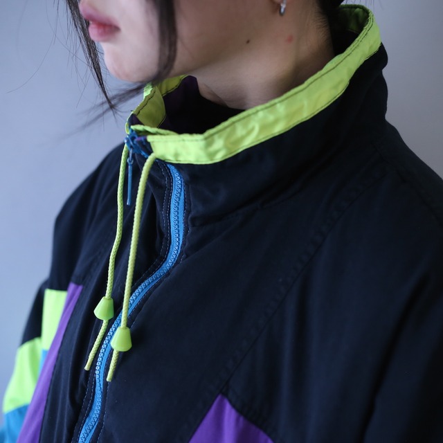 cyber neon color over silhouette zip-up blouson