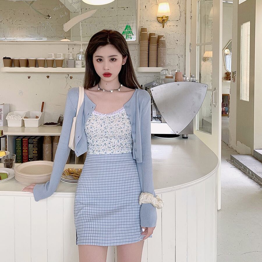 レディーススプリングサマースタイルニットカーディガンフローラル格子柄スカート 春物 夏物 花柄 ドラファッションホール27341081163