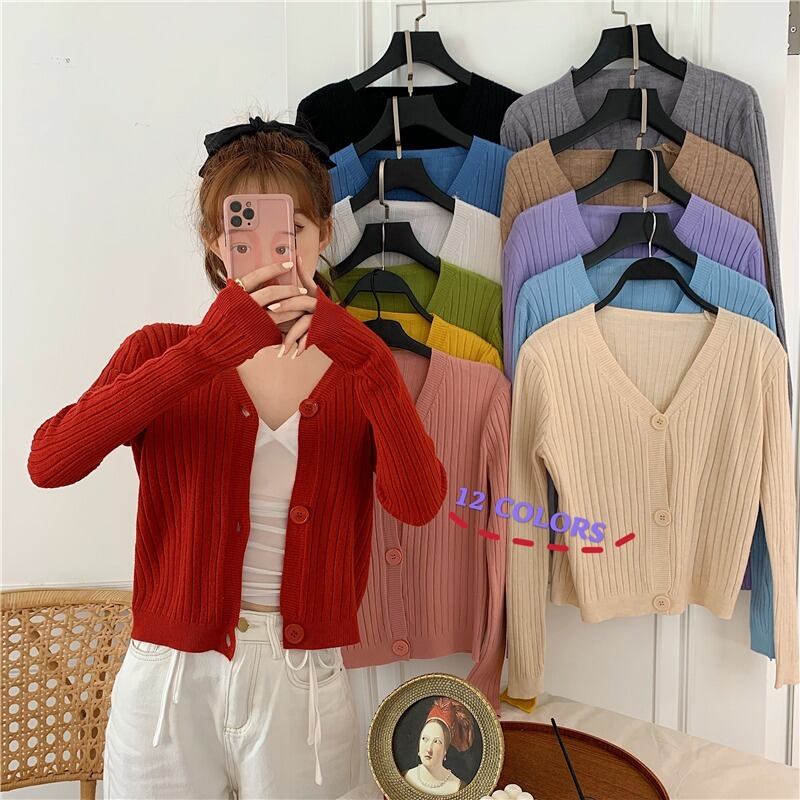 レッドVネックニットトップス セーター 長袖スリーブショートカーディガンジャケット レディース ロング YY-ファッション65867059342