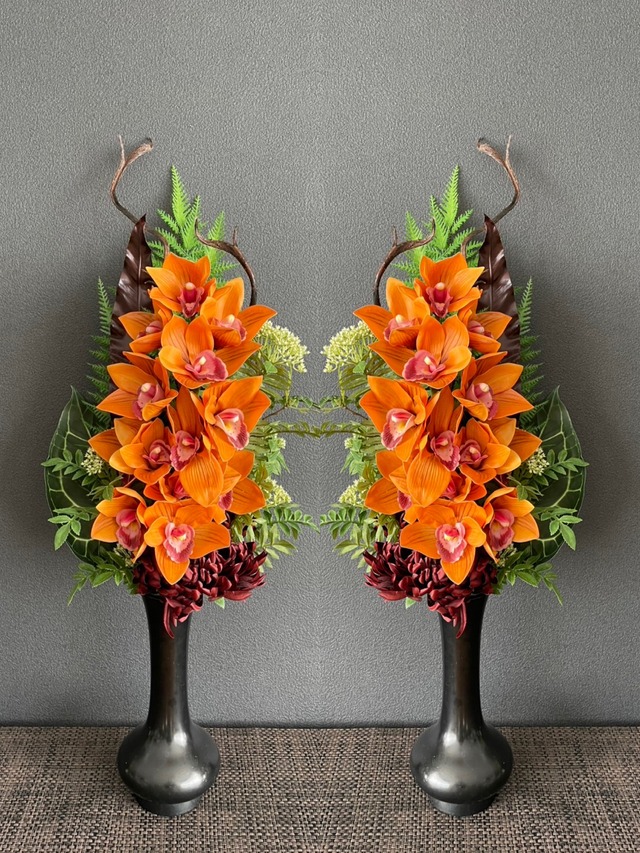 寺院用造花仏花 【一対(２本組) 】シンピジウムオレンジ　アーティフィシャルフラワー仏花　本堂の花