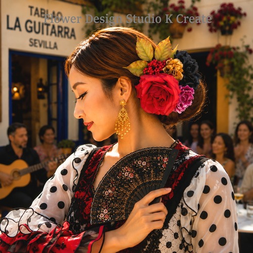 髪飾り 赤バラ×黒ダリアのブーケ風ヘアアクセサリー｜フラメンコ Flamenco｜成人式・浴衣・ウェディングにも｜和装洋