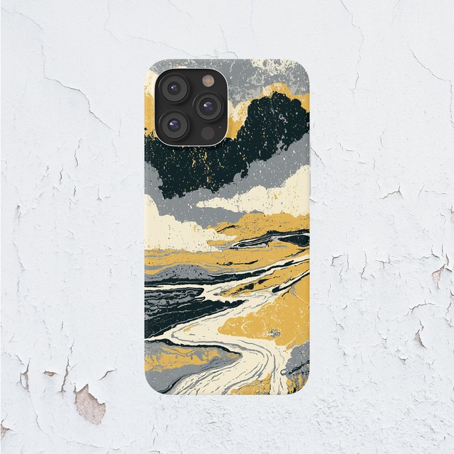 受注生産 iPhoneケース 紺とマスタードの波地層マーブル｜紙マーブリング MARB014D