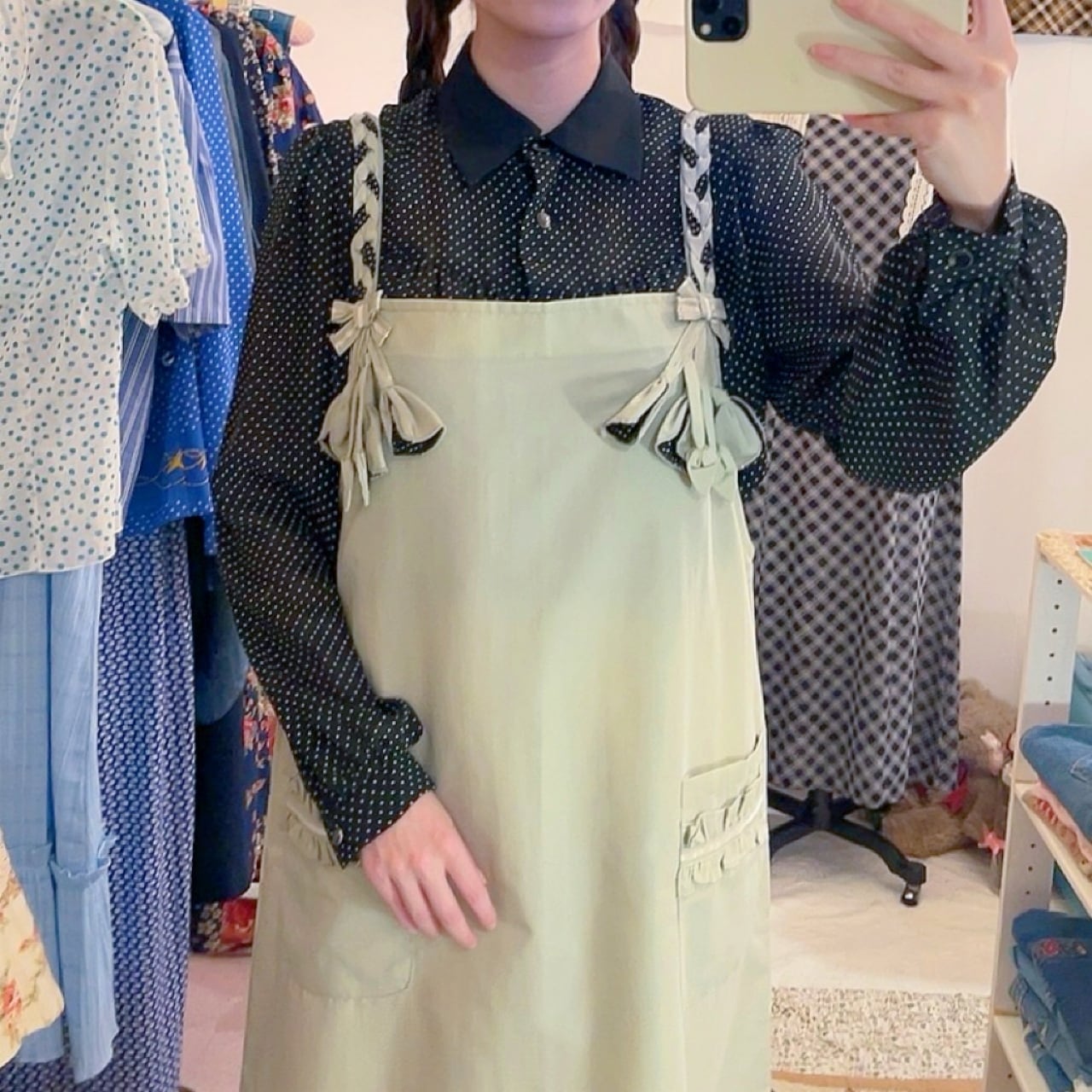 dot ribbon flower jumper skirt