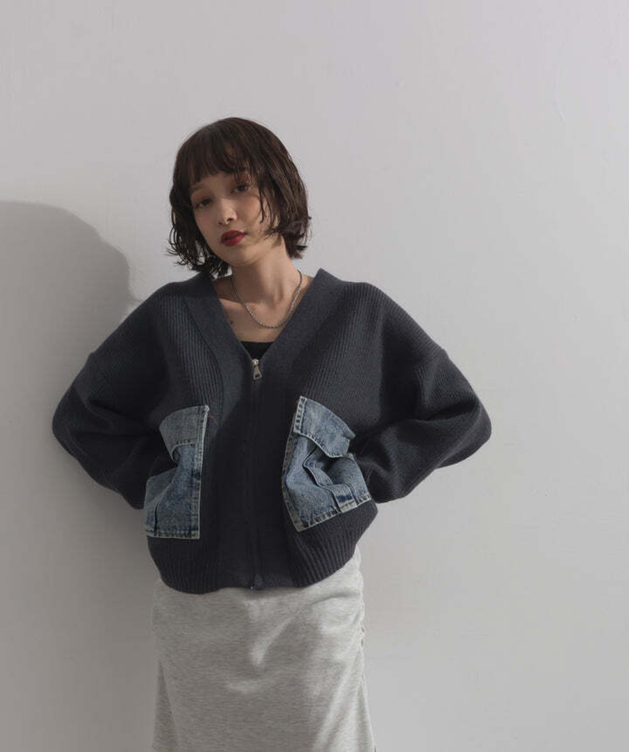HD2510023 デニムポケットジップニットカーディガン gray