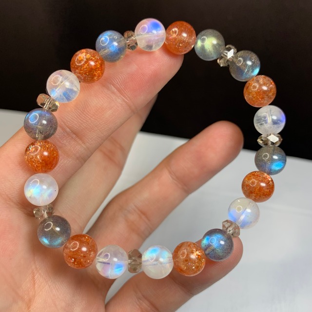 最高峰☆ホワイトラブラドライト×ラブラドライト×サンストーン☆長石ミックス☆デザインブレスレット