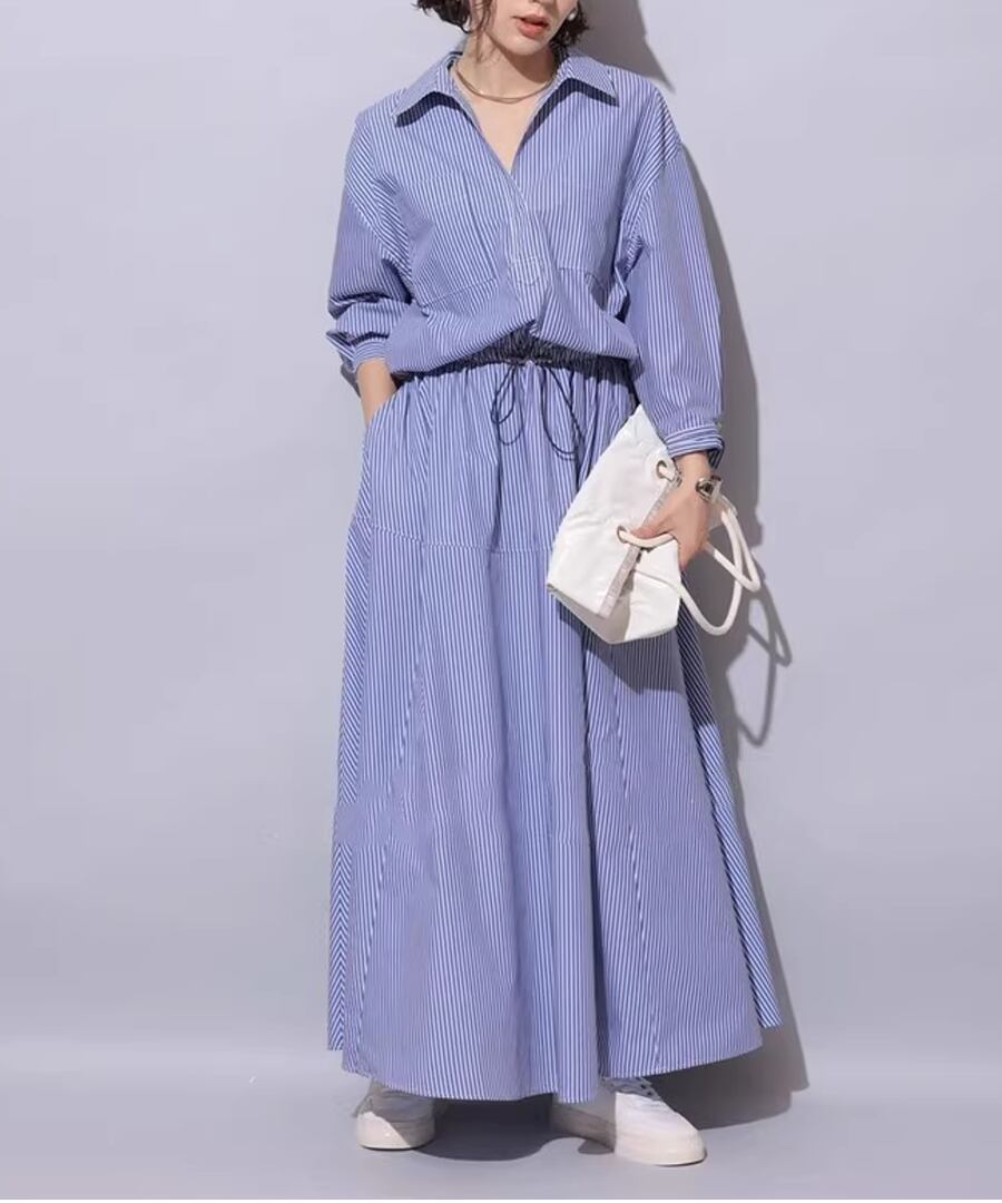 ウエスト切り替えシャツワンピース【w-30499】