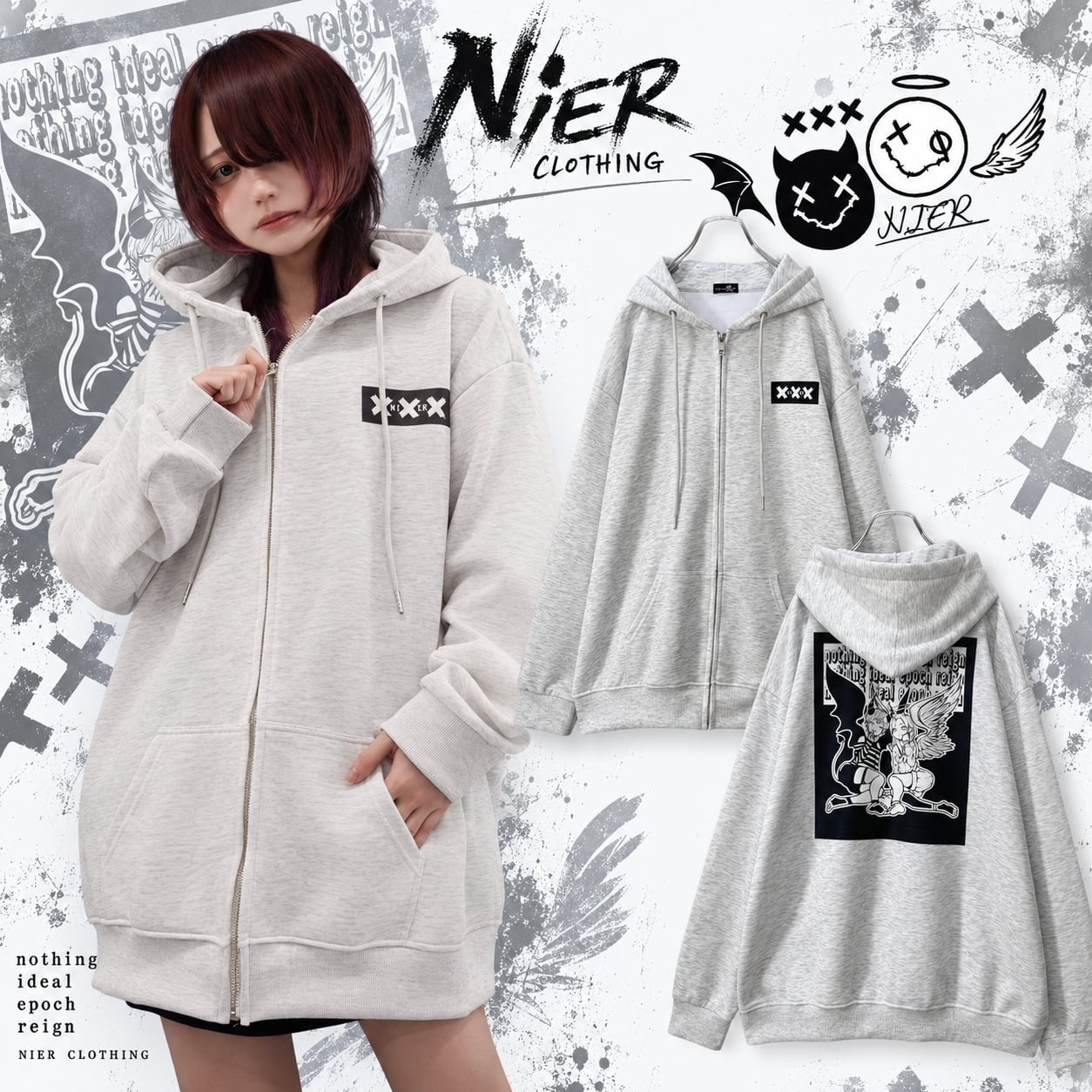 GRAY BIG ZIP PARKA【DEVIL×ANGEL】 | NIER CLOTHING