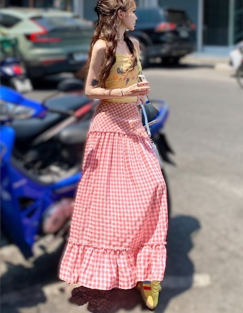 ピンクハウス　パープル ギンガムチェック フレアロングスカート ピンクハウス パープル ギンガムチェック フレアロングスカート