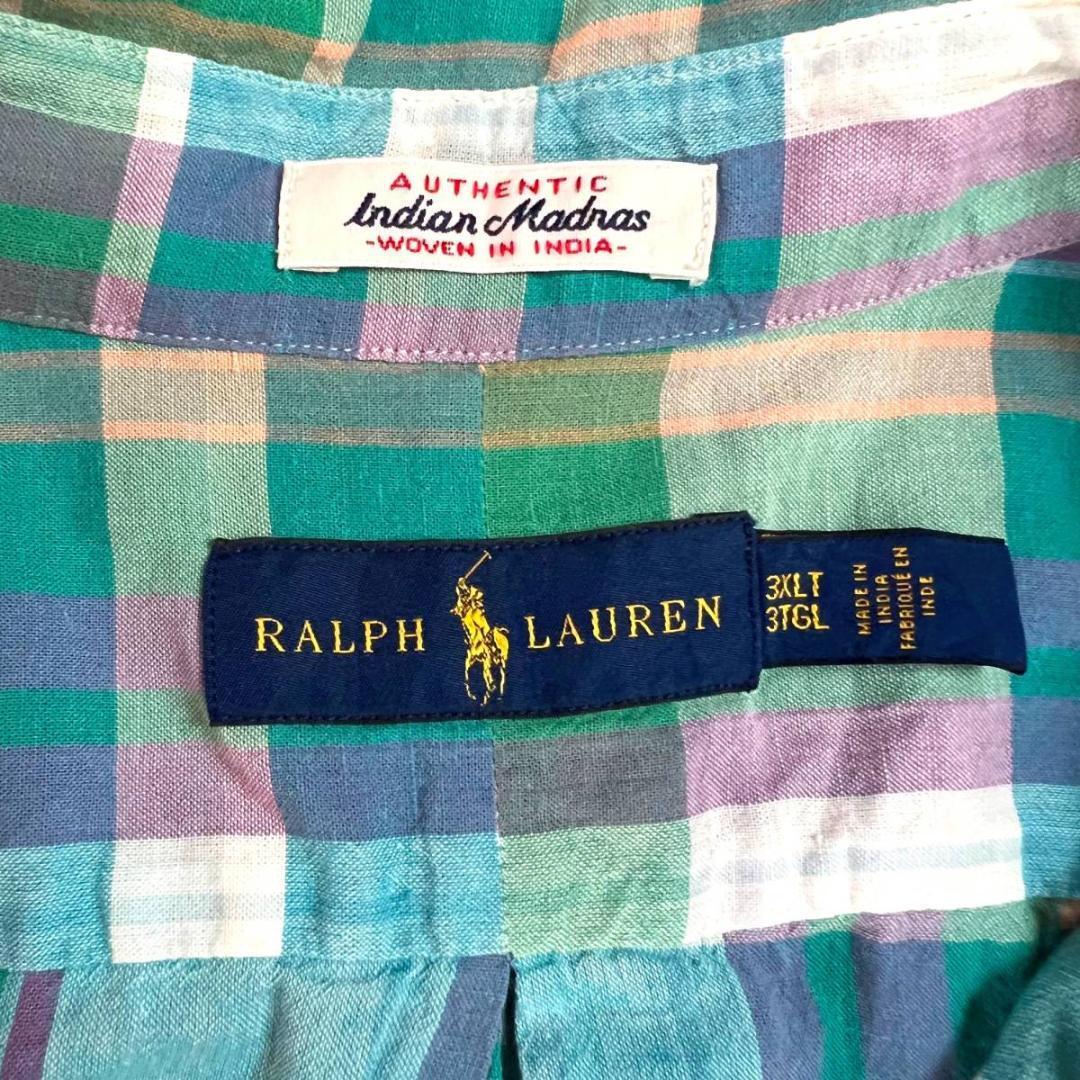 ポロ ラルフローレン マドラスチェック半袖シャツ 3XLT グリーン BDシャツ ボタンダウンシャツ POLO Ralph Laure チェックシャツ  ビッグサイズ 古着