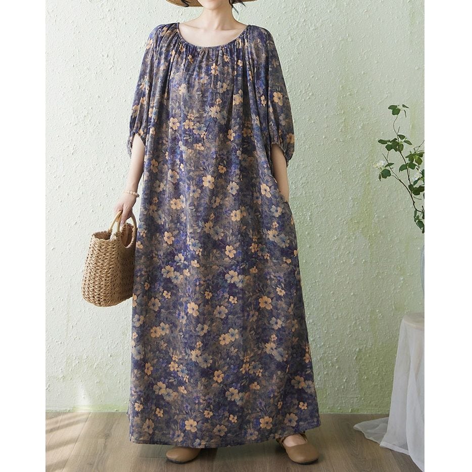 IRREGULAR VINTAGE PRINT PULLOVER LONG DRESS M-17989