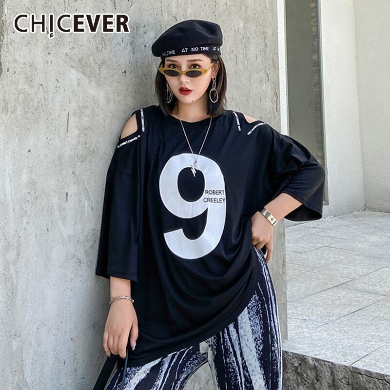 CHICEVERホローアウトレディースTシャツOネックオフショルダーオーバーサイズレタープリントルーズシャツ2020夏服 サマー 夏物 6base577747128561