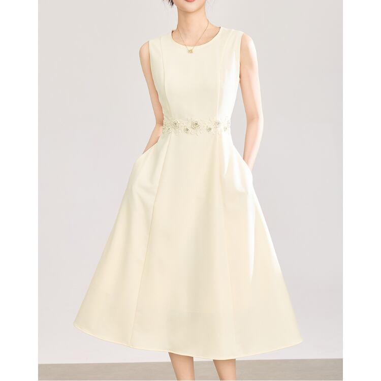 Pearl Waist Sleeveless A Line Dress Elegant Midi 2Colors 2604006