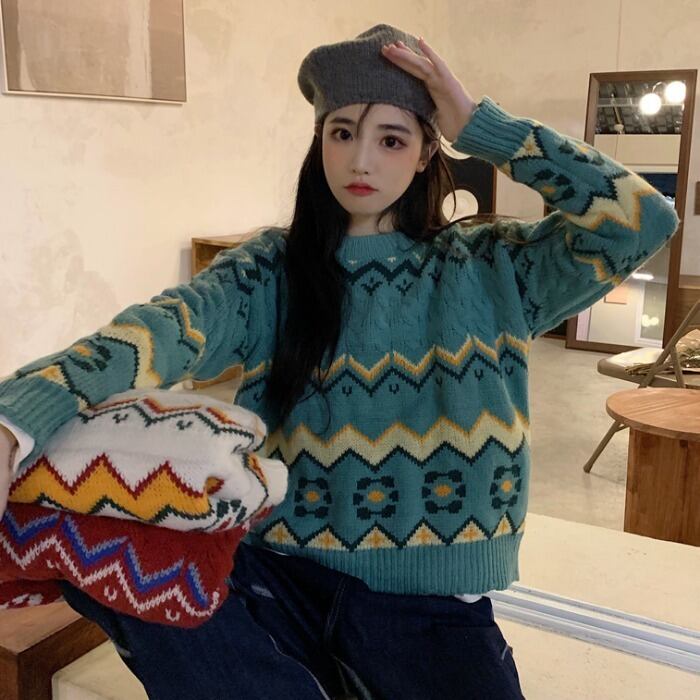 セーター ルーズオータムウィンタースタンダードカラートップス ロング レトロ 秋物 冬物 1号婦人44851218234