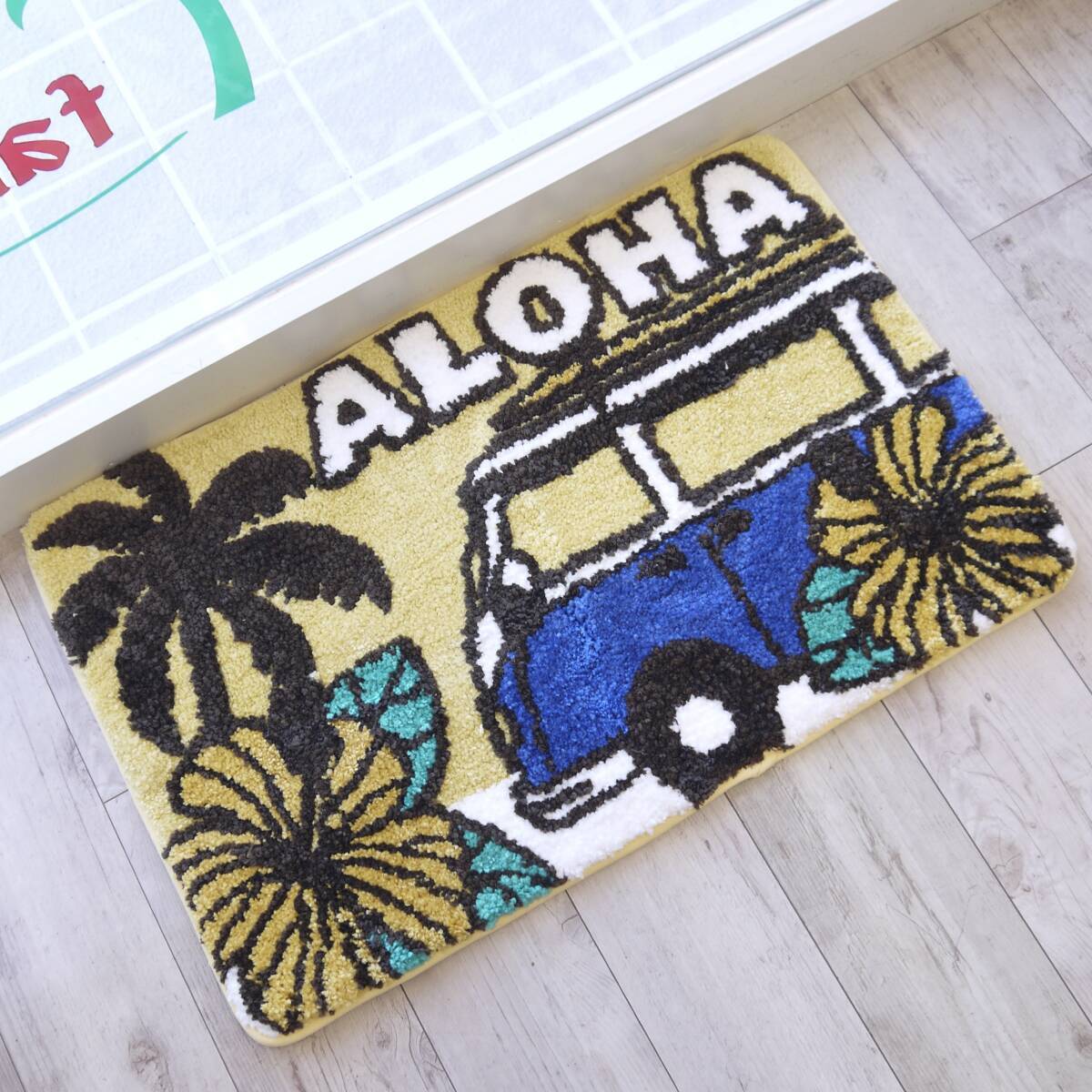 ハワイ フロアマット ALOHA ワーゲンバス イエロー 玄関 エントランス マット 屋内 夏 ハワイアン雑貨<YELLOW>