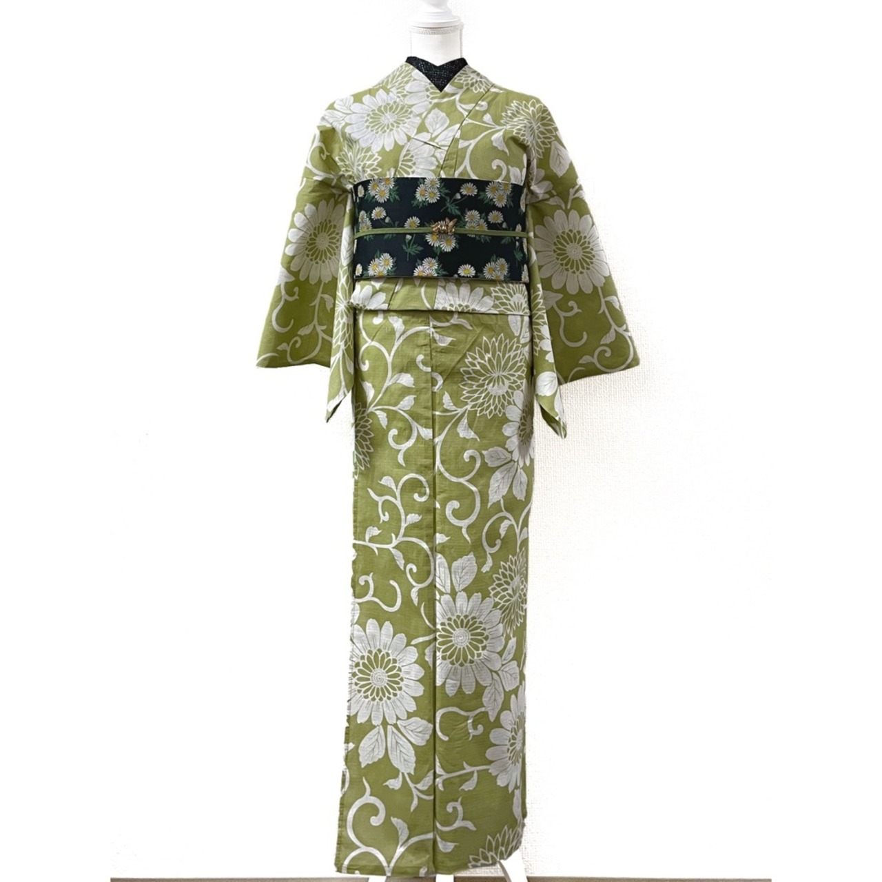 新品】【訳あり特価】綿紅梅風 柳色に花更紗模様の綿浴衣 | 今昔きもの楸堂