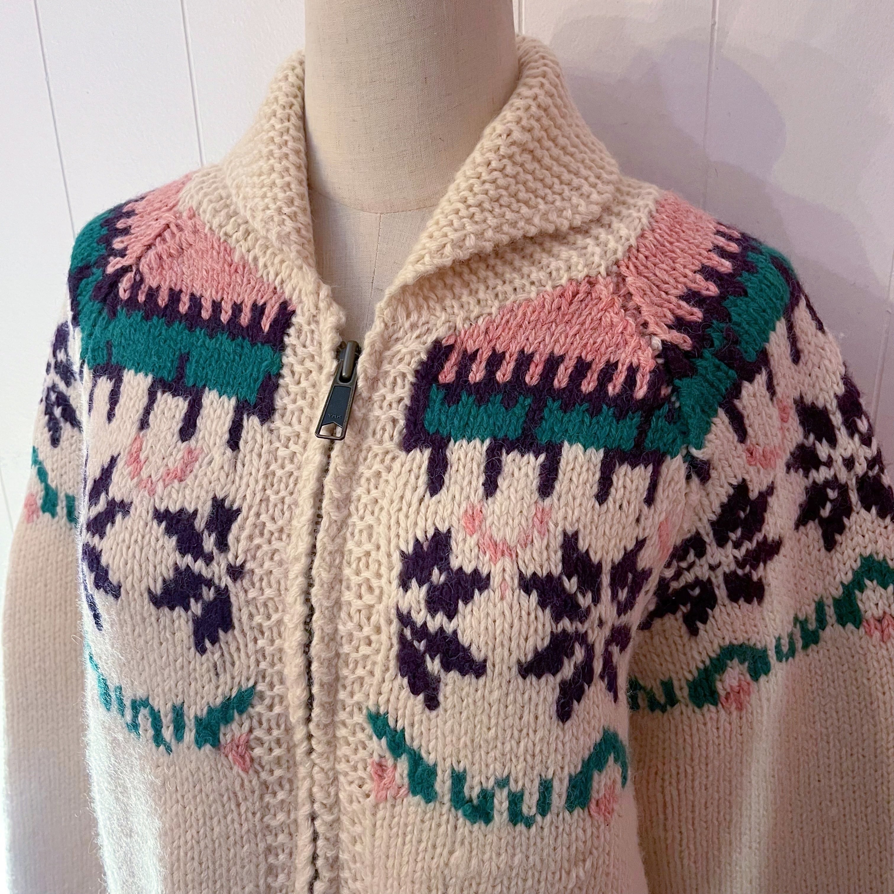 pink purple snowflake zip knit sweater