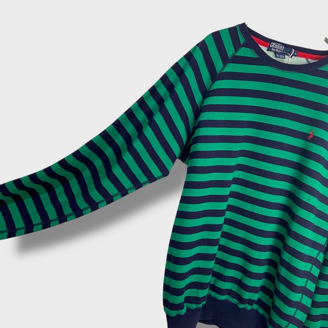 デッドストック 90s ラルフローレン ボーダー柄スウェット 香港製 緑 紺 M