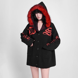 フェイクファーエッジフーディロゴボタンニットカーディガン（lli_6412）