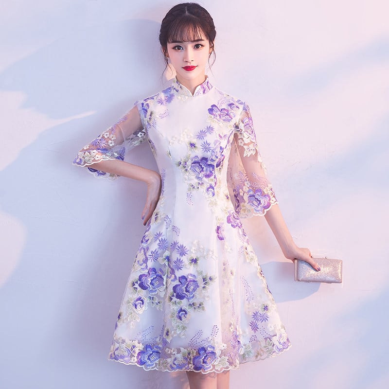 改良型チャイナドレス 刺繍入り チャイナ風ワンピース 中華服 パーティー Xs S M L Ll 3l 紫色 Elegant