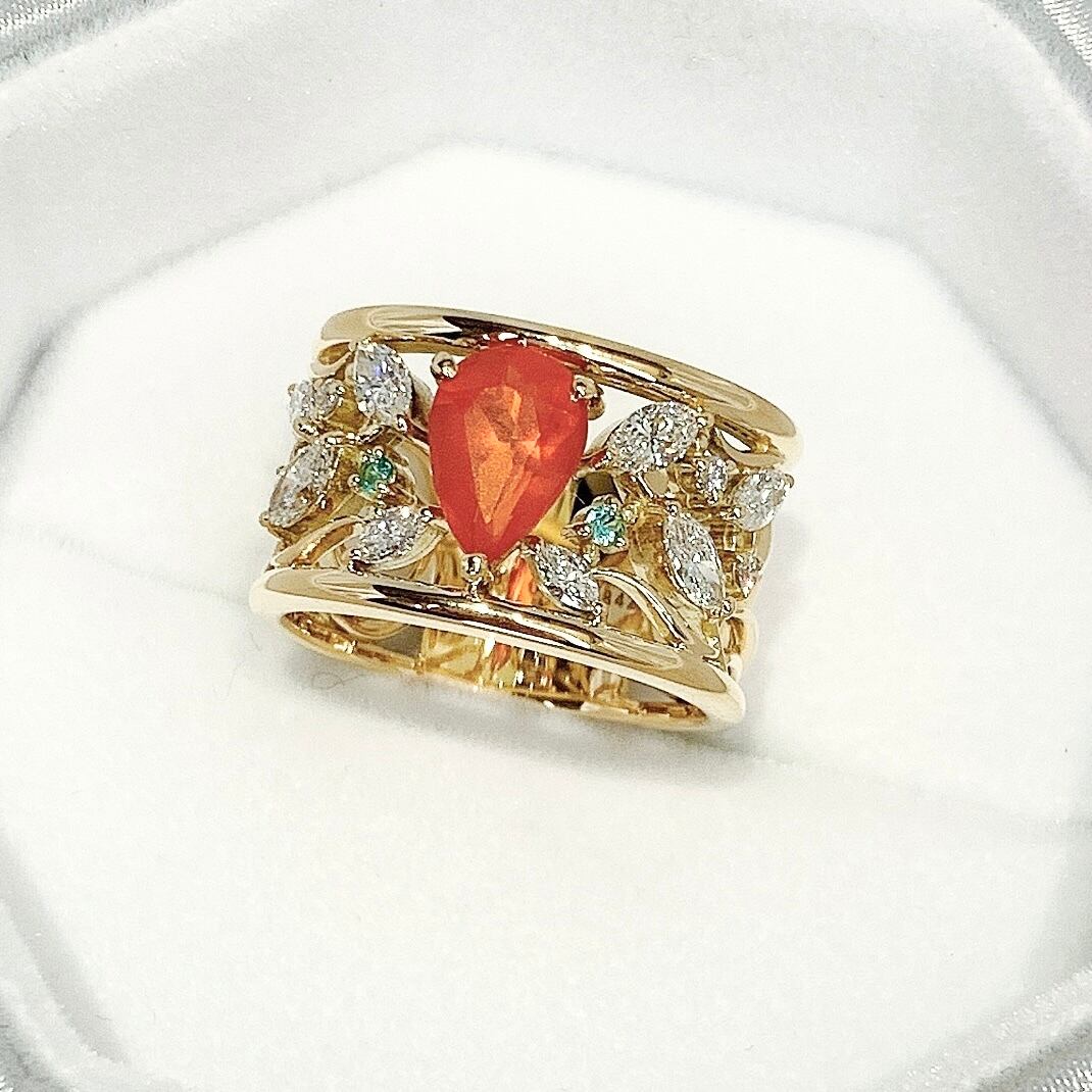 天然ファイアオパール0.89ct 天然ダイヤモンド0.842ct K18YG リング  