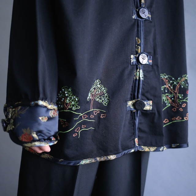 "刺繍" satin fabric switching design china motif special shirt